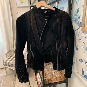 Velvet free people biker jacket with lace up accents